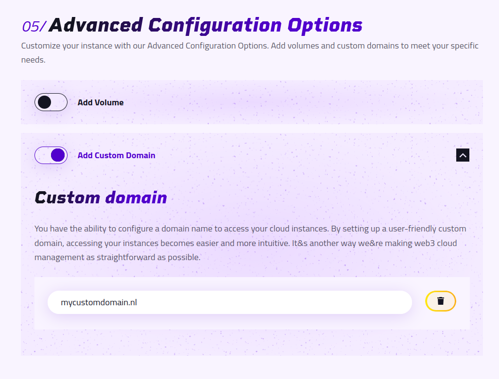 Add custom domain at creation screenshot