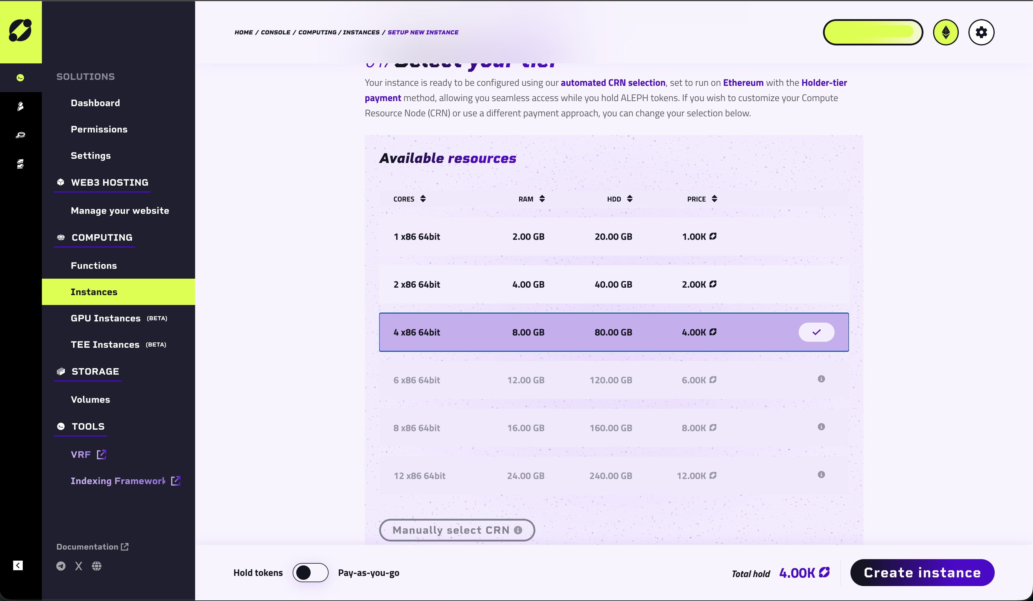 Aleph Cloud Instance Creation Dashboard