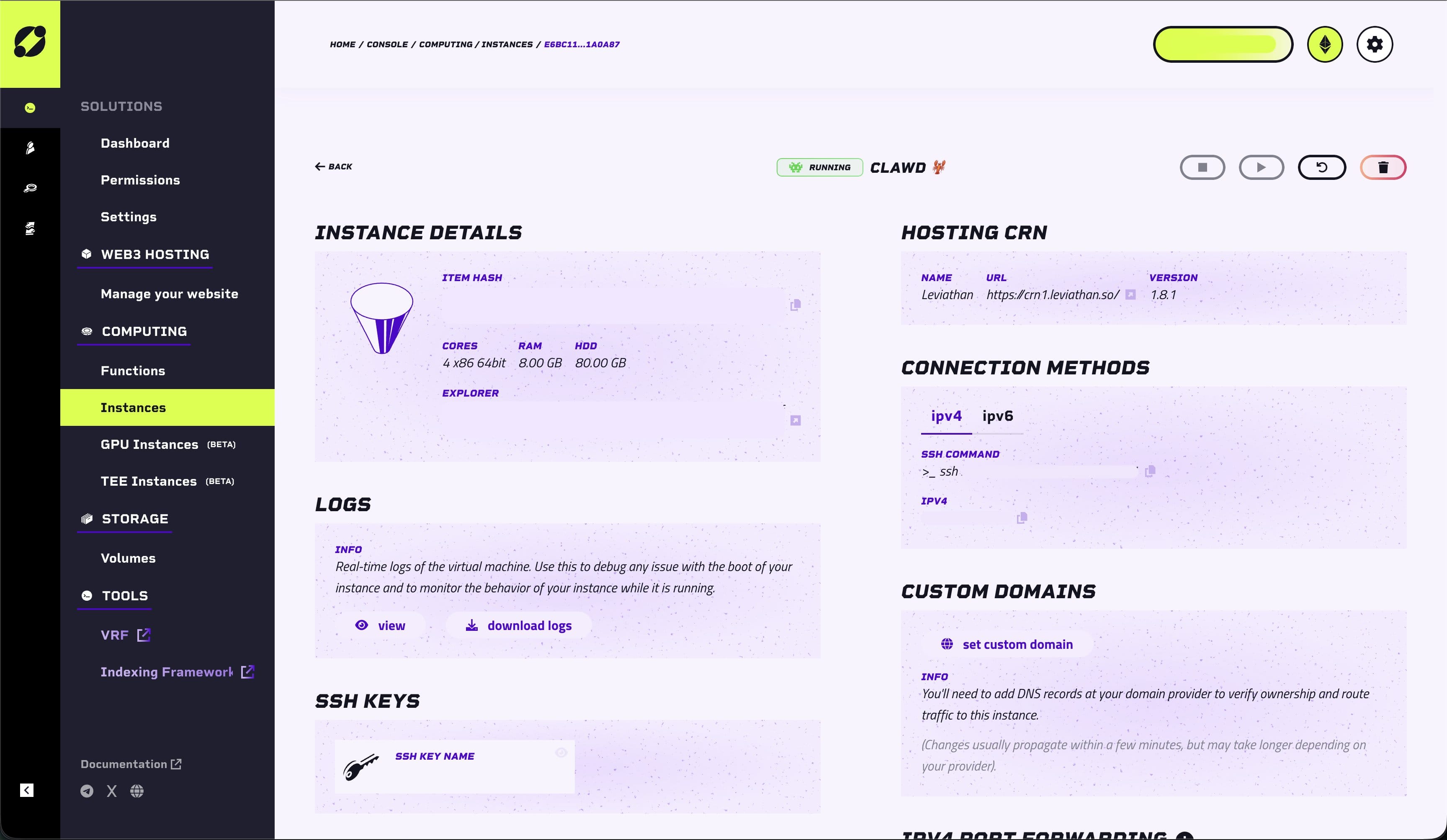 Aleph Cloud Instance Details Dashboard